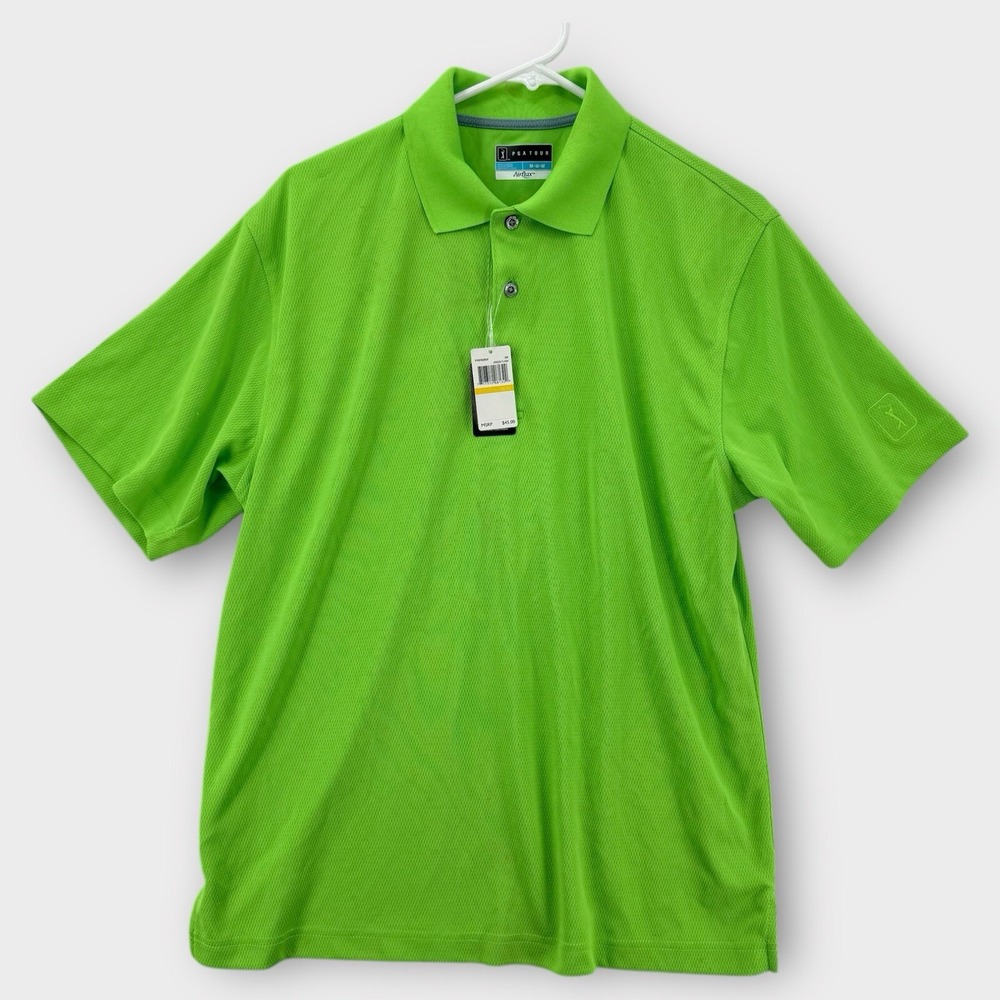 PGA Tour Golf Polo Shirt Mens‎ Medium Green Airflux Performance Rugby Logo NWT